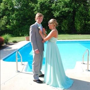 Blue strapless prom dress